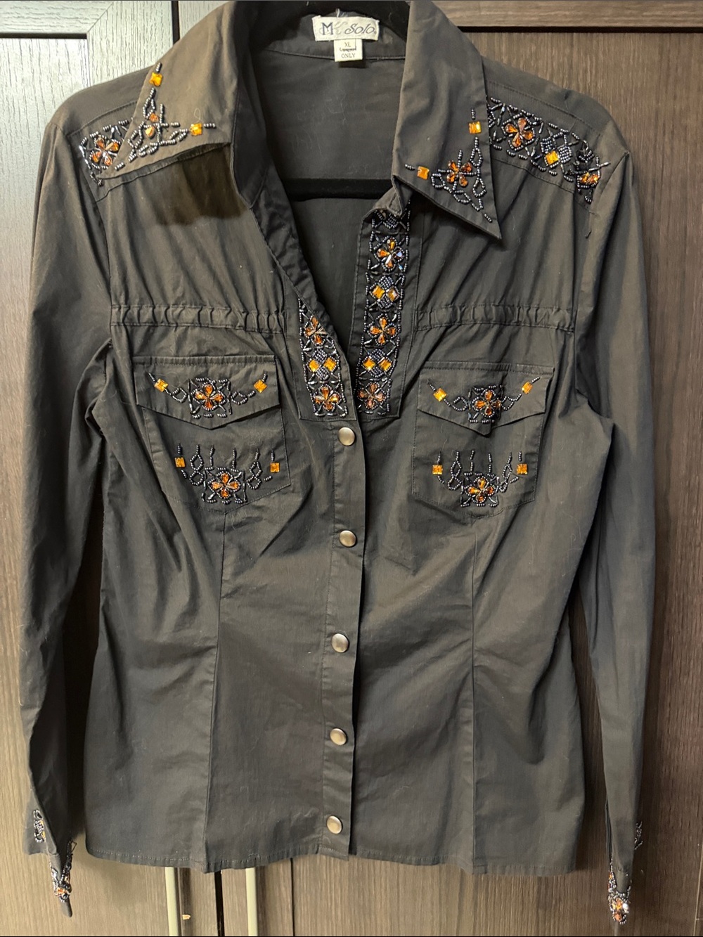 MK Solo Western Black Embellished Button-Down Shirt with Amber Accents